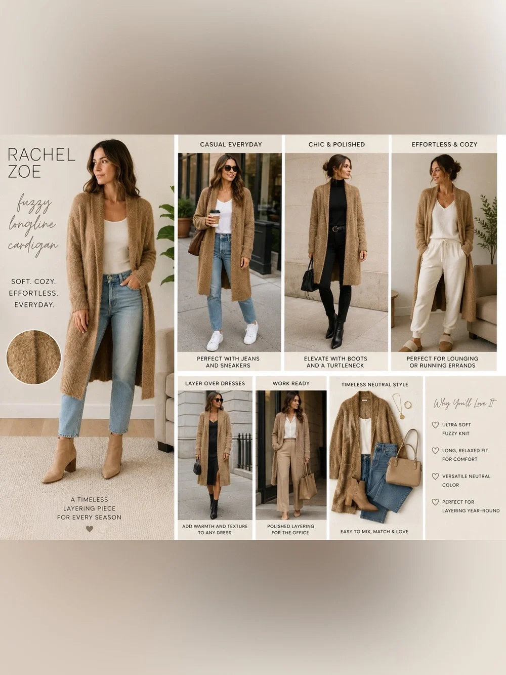 EUC Rachel Zoe Fuzzy Longline Open Front Cardigan Camel Cozy Knit Sweater XS